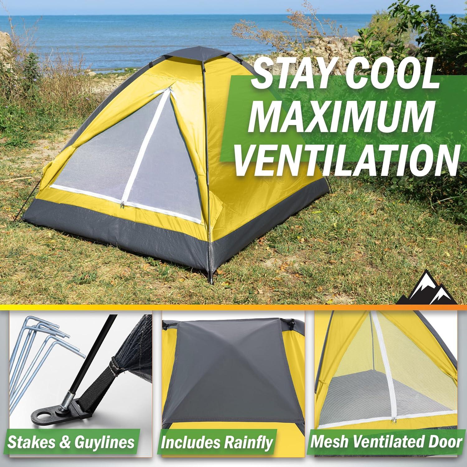 image:image2 Person Camping Tent with Rain Fly and Carrying Bag Lightweight Outdoor Pop Up Tents for Camping Essentials Music Festivals Backpacking Hiking or Beach Shelter by Wakeman OutdoorsYellow