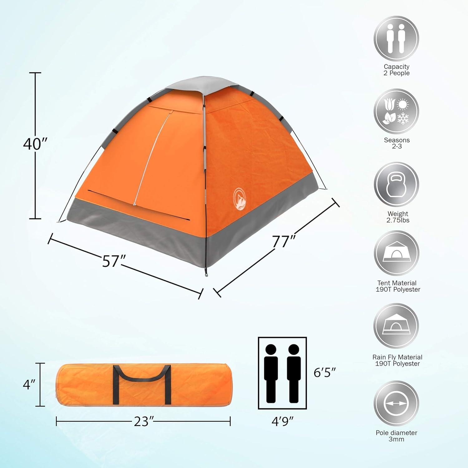 image:image2 Person Camping Tent with Rain Fly and Carrying Bag Lightweight Outdoor Pop Up Tents for Camping Essentials Music Festivals Backpacking Hiking or Beach Shelter by Wakeman OutdoorsOrange