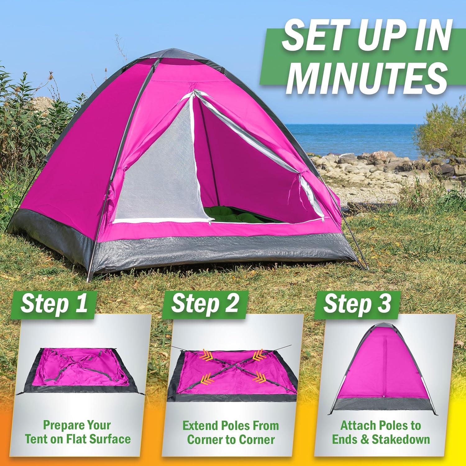 image:image2 Person Camping Tent with Rain Fly and Carrying Bag Lightweight Outdoor Pop Up Tents for Camping Essentials Music Festivals Backpacking Hiking or Beach Shelter by Wakeman OutdoorsPink
