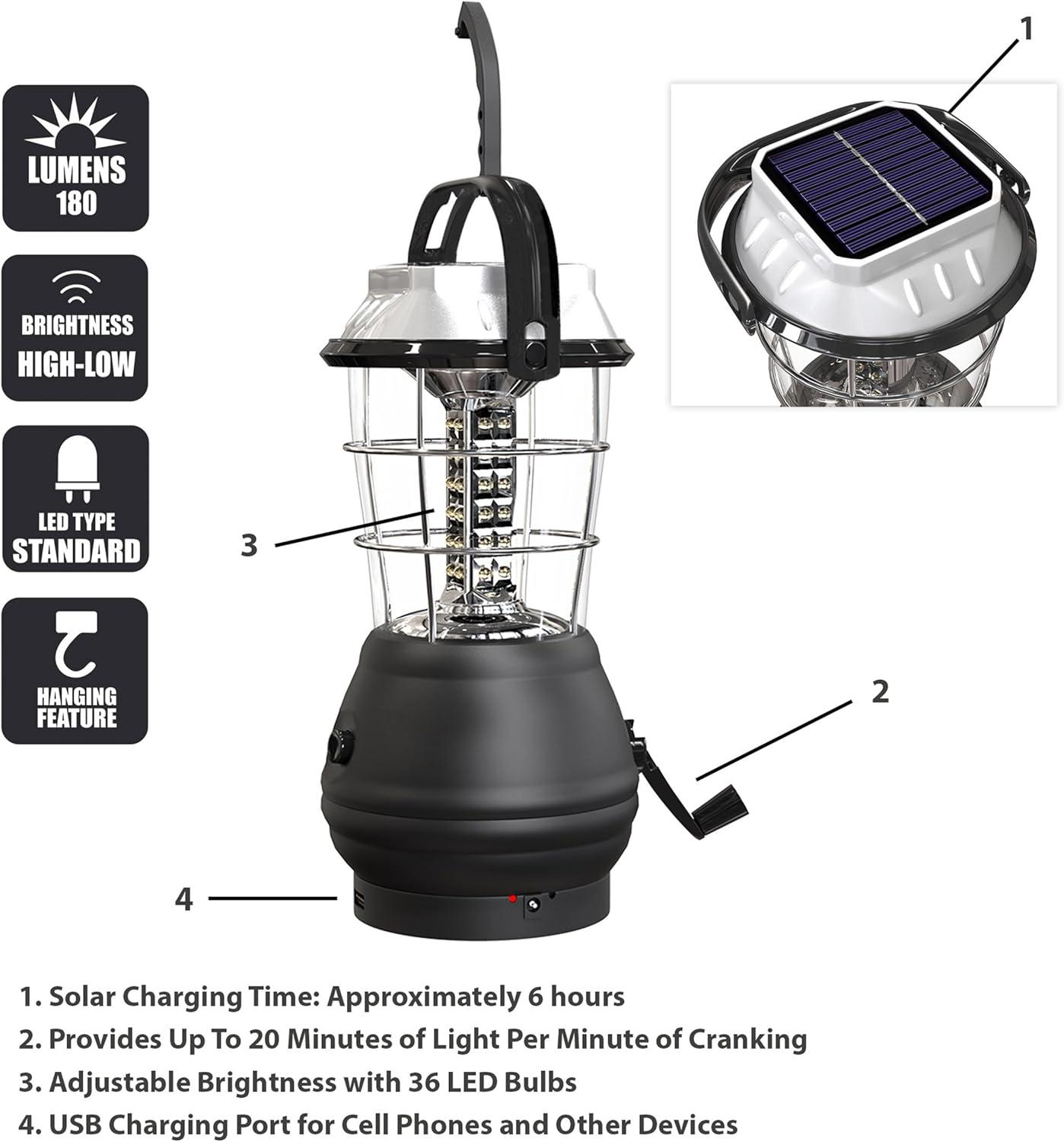 image:imageDynamo Hand Crank Solar Powered Lantern BatteryOperated or Rechargeable LED Light with Adjustable Settings for Camping by Whetstone Black1 Pack
