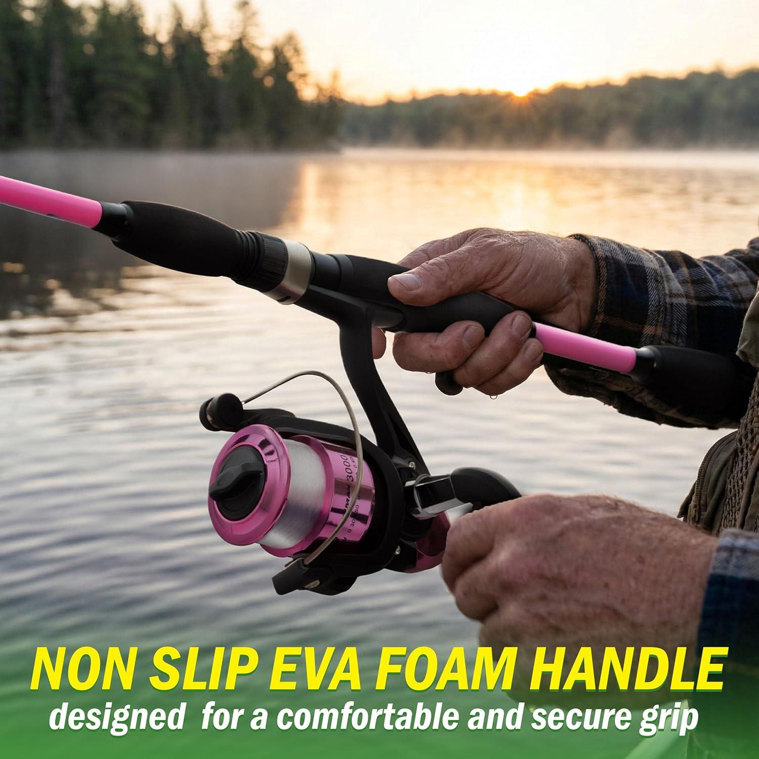 image:imageFiberglass Fishing Pole Strike Series 78Inch Collapsible Rod and Spinning Reel Combo EVA Handle PreSpooled Reel Fishing Gear for Catching Walleye Bass Trout and More by WakemanPink