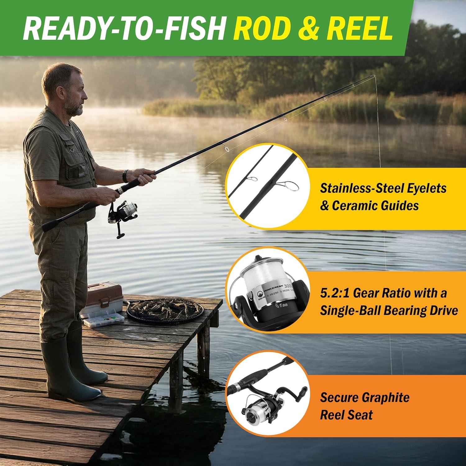 image:imageFiberglass Fishing Pole Strike Series 78Inch Collapsible Rod and Spinning Reel Combo EVA Handle PreSpooled Reel Fishing Gear for Catching Walleye Bass Trout and More by WakemanBlackout
