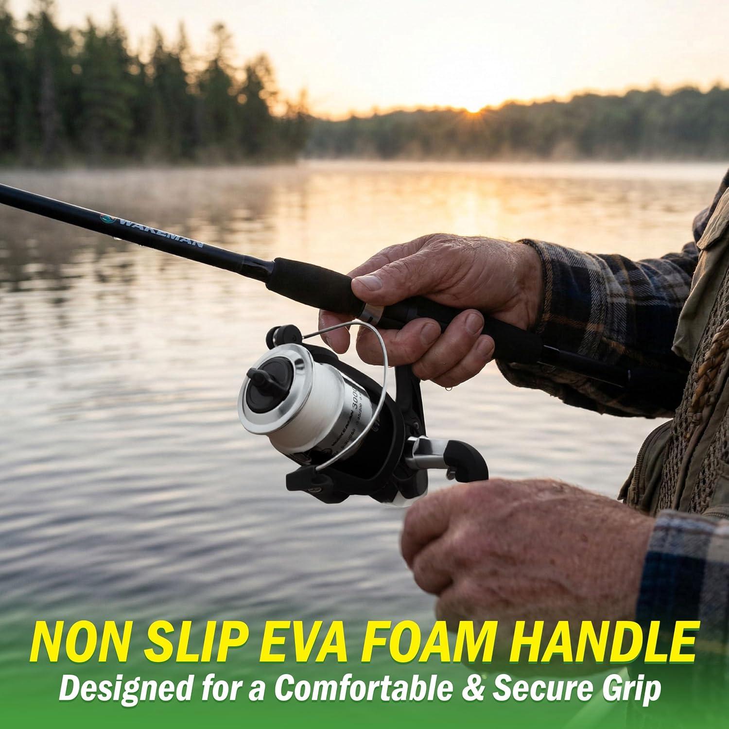image:imageFiberglass Fishing Pole Strike Series 78Inch Collapsible Rod and Spinning Reel Combo EVA Handle PreSpooled Reel Fishing Gear for Catching Walleye Bass Trout and More by WakemanBlackout