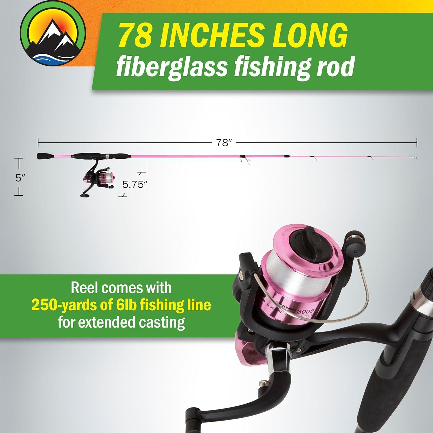 image:imageFiberglass Fishing Pole Strike Series 78Inch Collapsible Rod and Spinning Reel Combo EVA Handle PreSpooled Reel Fishing Gear for Catching Walleye Bass Trout and More by WakemanPink