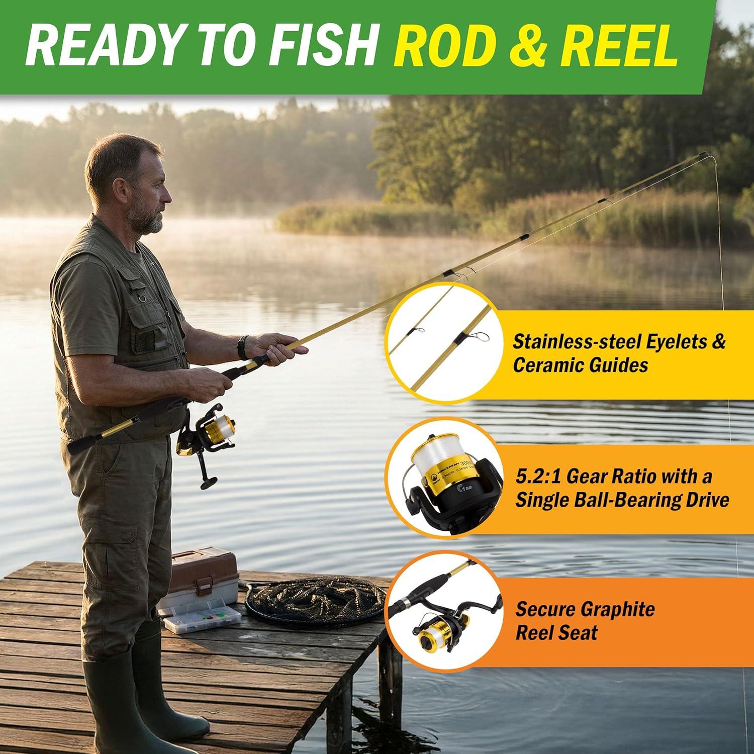 image:imageFiberglass Fishing Pole Strike Series 78Inch Collapsible Rod and Spinning Reel Combo EVA Handle PreSpooled Reel Fishing Gear for Catching Walleye Bass Trout and More by WakemanTrophy Gold