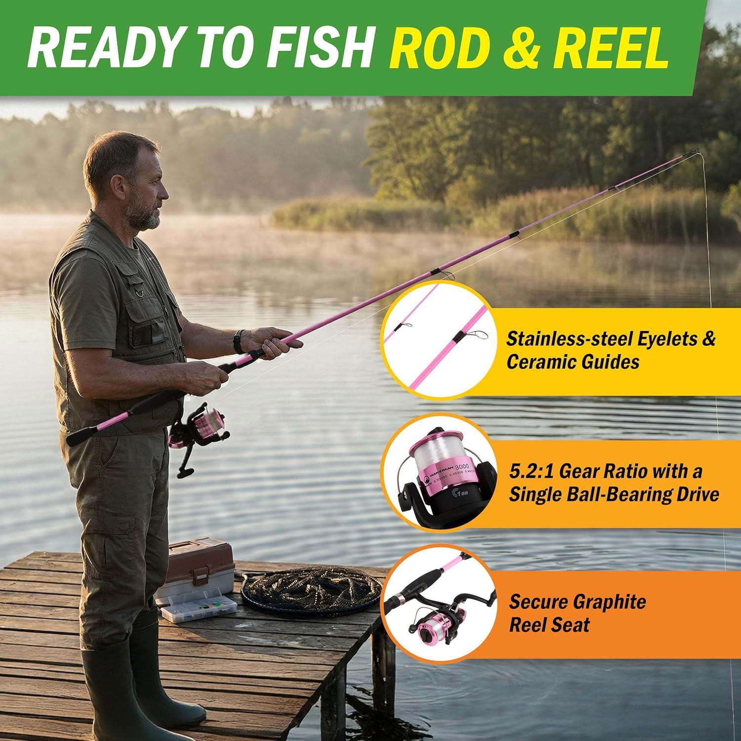 image:imageFiberglass Fishing Pole Strike Series 78Inch Collapsible Rod and Spinning Reel Combo EVA Handle PreSpooled Reel Fishing Gear for Catching Walleye Bass Trout and More by WakemanPink