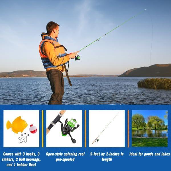 image:imageFishing Rod and Reel Combo Kettle Series Fiberglass Pole with Spinning Reel Cork Handle and Beginners Tackle Kit by WakemanGreen