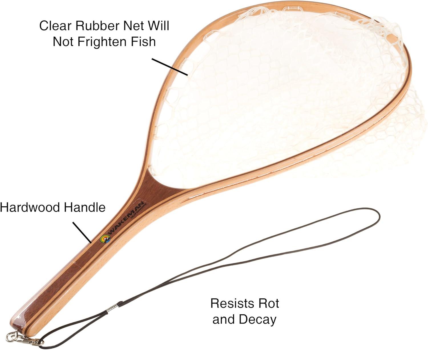 image:imageFly Fishing Net with Handle Soft Mesh Catch and Release Rubber Fly Fish Net with Lightweight Wood Frame and Safety Lanyard Landing Bass and Trout Fishing Gear by Wakeman Outdoors