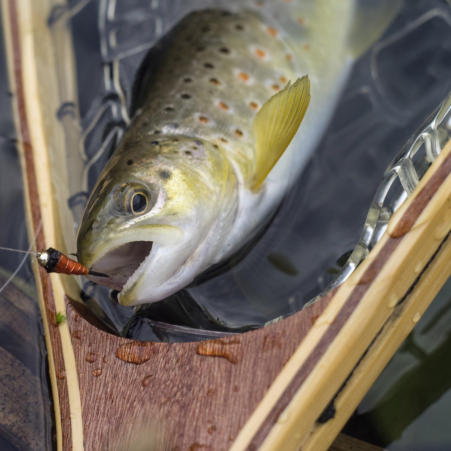 image:imageFly Fishing Net with Handle Soft Mesh Catch and Release Rubber Fly Fish Net with Lightweight Wood Frame and Safety Lanyard Landing Bass and Trout Fishing Gear by Wakeman Outdoors