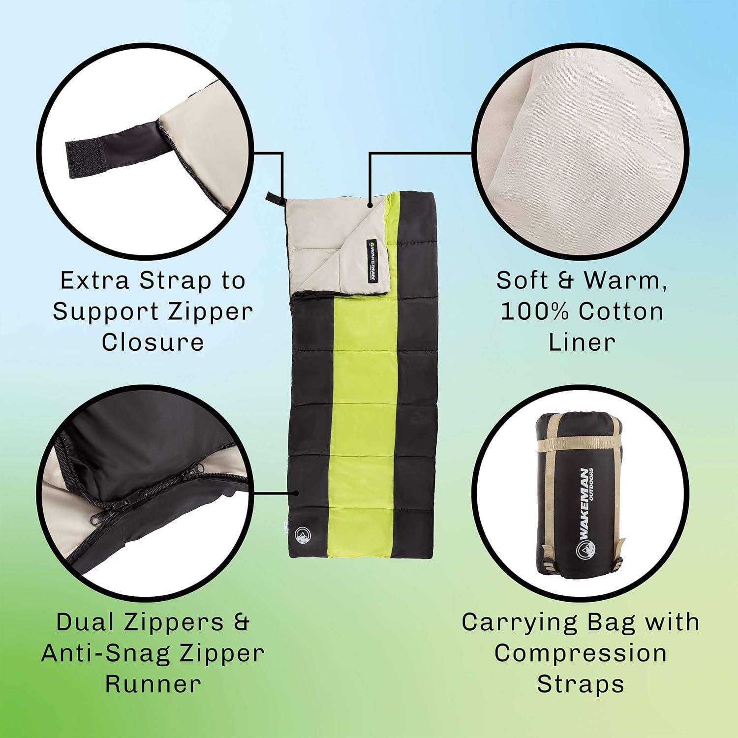 image:imageLightweight Sleeping Bag Carrying Bag with Compression Straps Included for Adults Kids Camping Backpacking and Sleepovers by Wakeman OutdoorsNeon GreenBlack