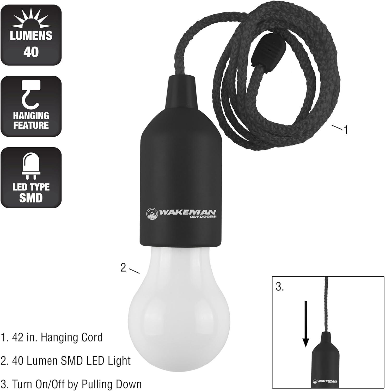 image:imagePull Cord Light Portable LED OutdoorIndoor Hanging Bulb Lantern for Camping Home Garage Patio and Tent Lighting by Wakeman Outdoors Black 75WL2028Black