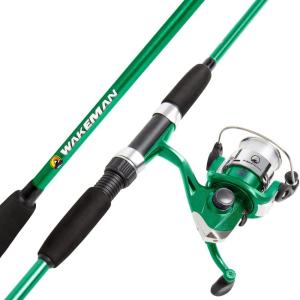 image:imageWakeman Fiberglass Fishing Rod and Reel Combo  2Piece 65Inch Medium Action Spinning Rod Set for Lake FishingGreen Metallic