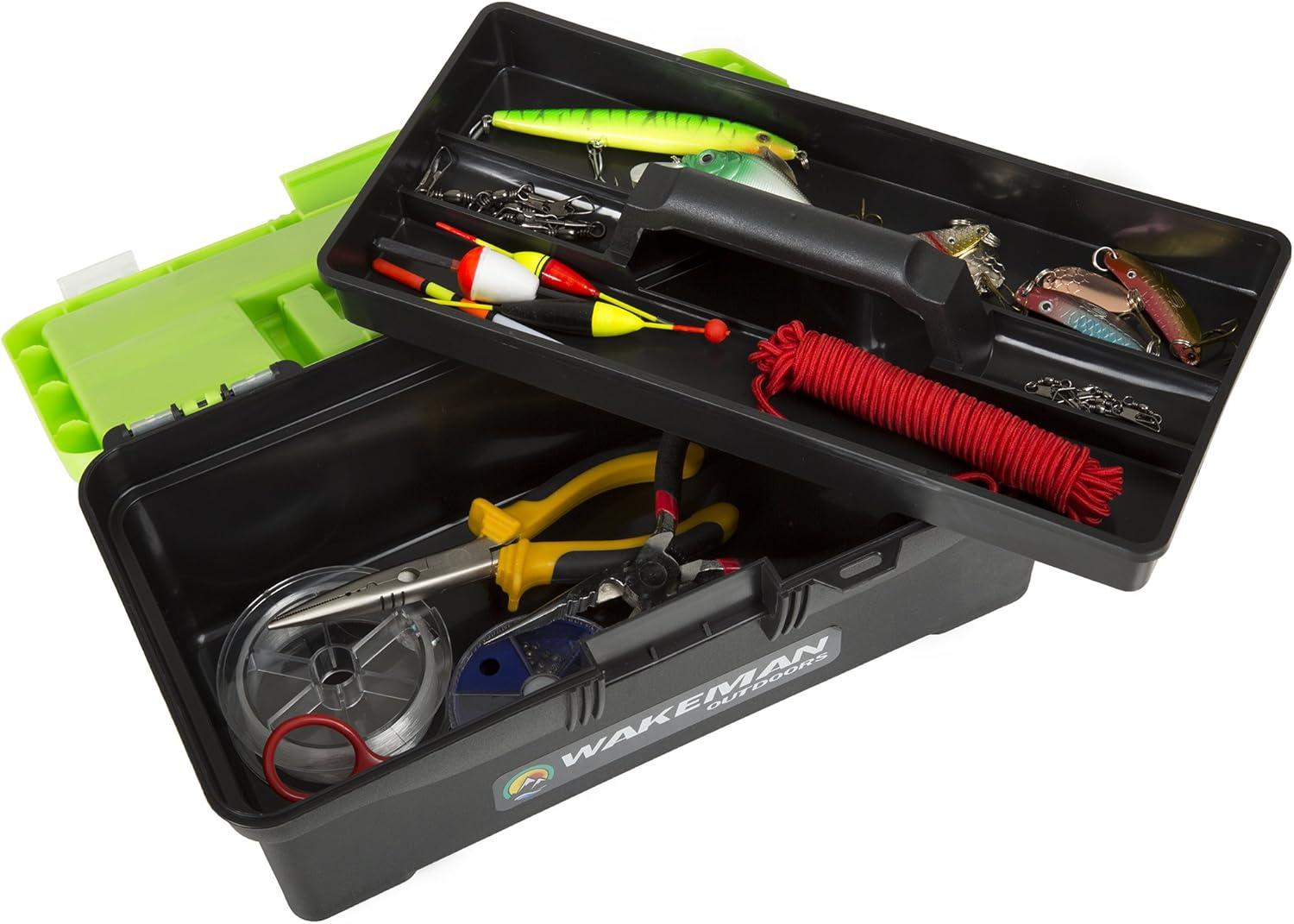 image:imageFishing Single Tray Tackle Box 55 Piece Tackle Gear Kit Includes Sinkers Hooks Lures Bobbers Swivels and Fishing Line By Wakeman Outdoors Lime Green