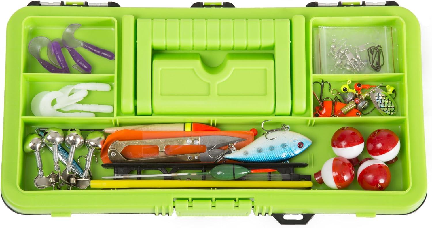 image:imageFishing Single Tray Tackle Box 55 Piece Tackle Gear Kit Includes Sinkers Hooks Lures Bobbers Swivels and Fishing Line By Wakeman Outdoors Lime Green
