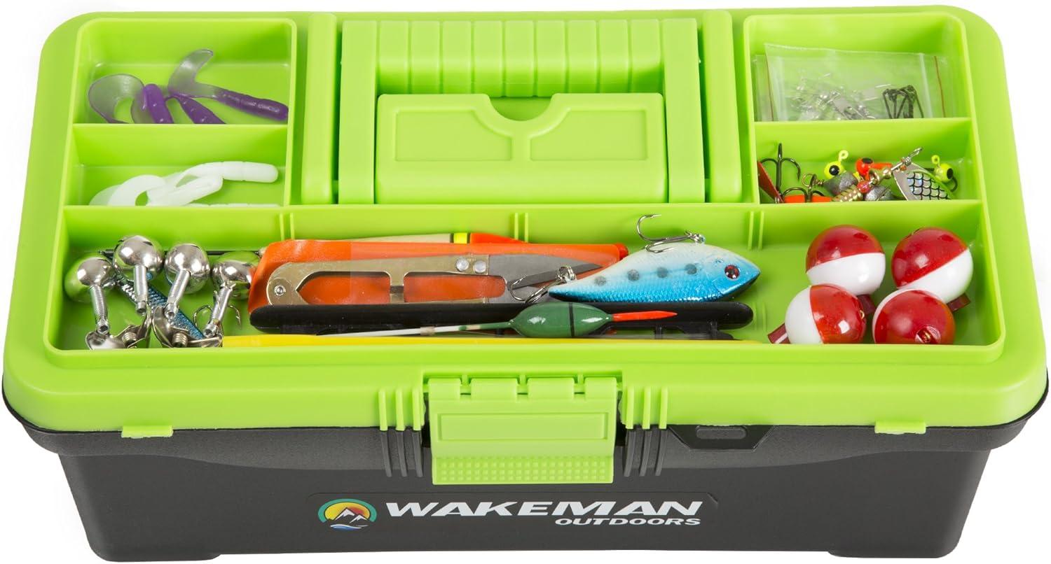 image:imageFishing Single Tray Tackle Box 55 Piece Tackle Gear Kit Includes Sinkers Hooks Lures Bobbers Swivels and Fishing Line By Wakeman Outdoors Lime Green