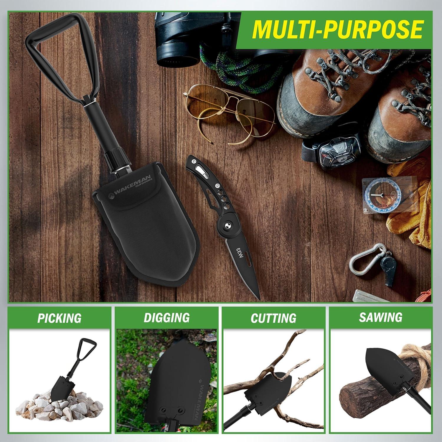 image:imageFolding Multitool Shovel Pickaxe and Saw with Included Pocket Knife and Carry Bag Survival Tool Camping Hiking and Emergency by Wakeman Outdoors