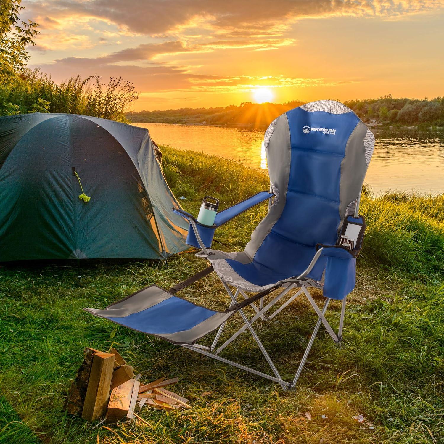 image:imageHome Camping Chair with Footrest 300lb Capacity Recliner with Cup Holder and Cooler Pouch Foldable Chair for Tailgating by Wakeman Outdoors BlueBlue