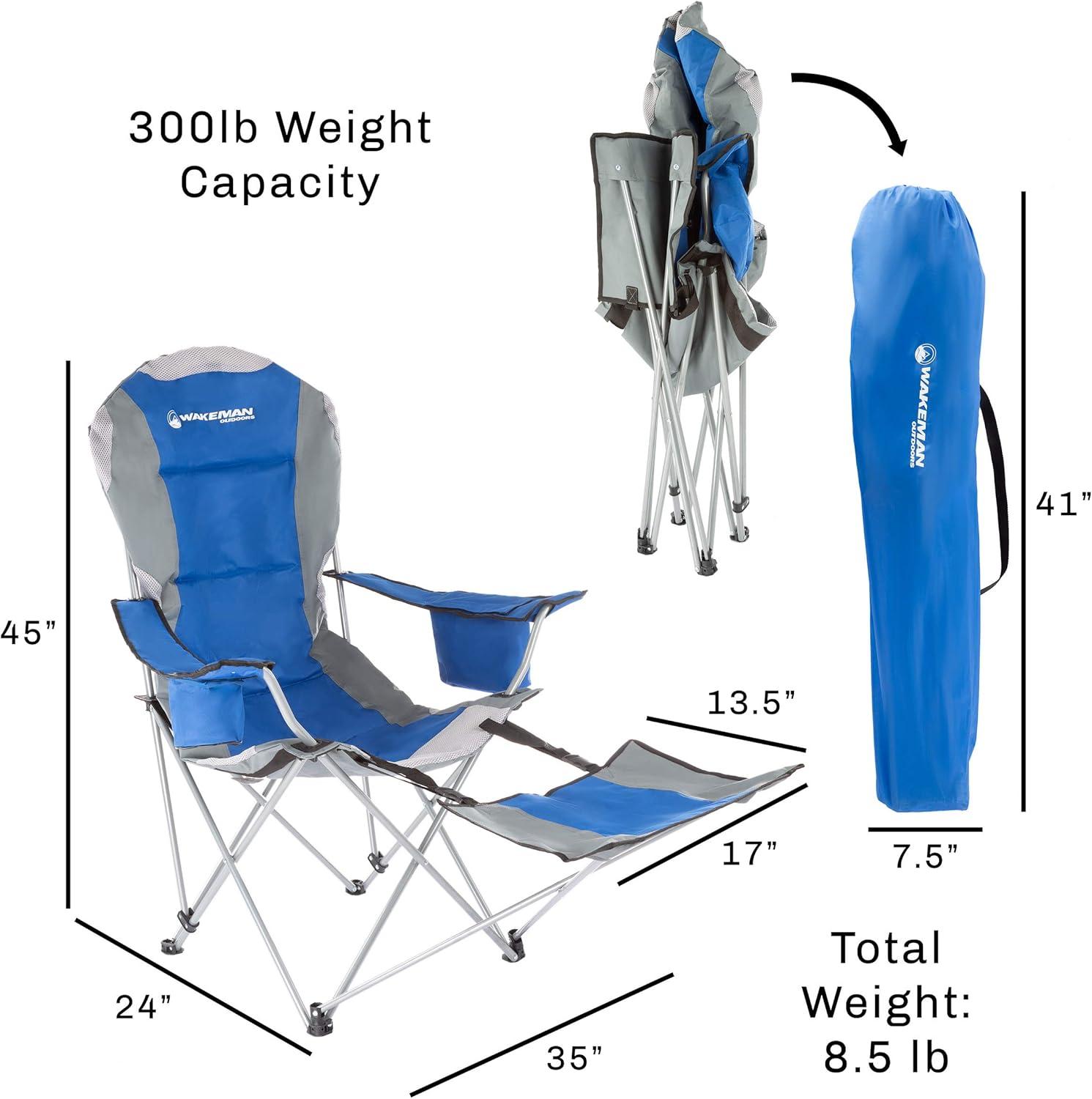 image:imageHome Camping Chair with Footrest 300lb Capacity Recliner with Cup Holder and Cooler Pouch Foldable Chair for Tailgating by Wakeman Outdoors BlueBlue
