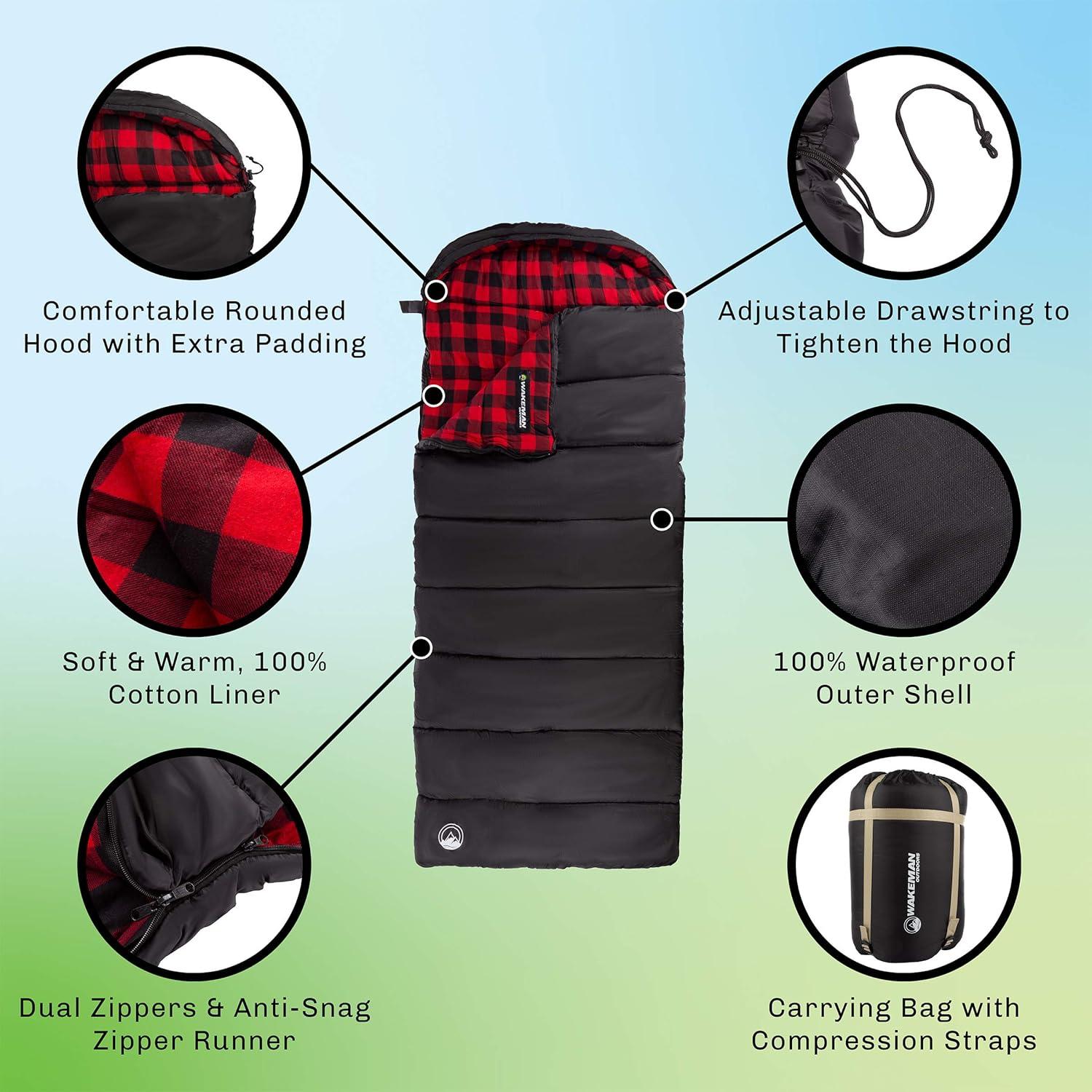 image:imageSleeping Bag Lightweight EnvelopeStyle 32F Rated Outdoor Sleeping Bag with Hood and Carry Case for Backpacking Camping and Hiking by Wakeman NavyBlack