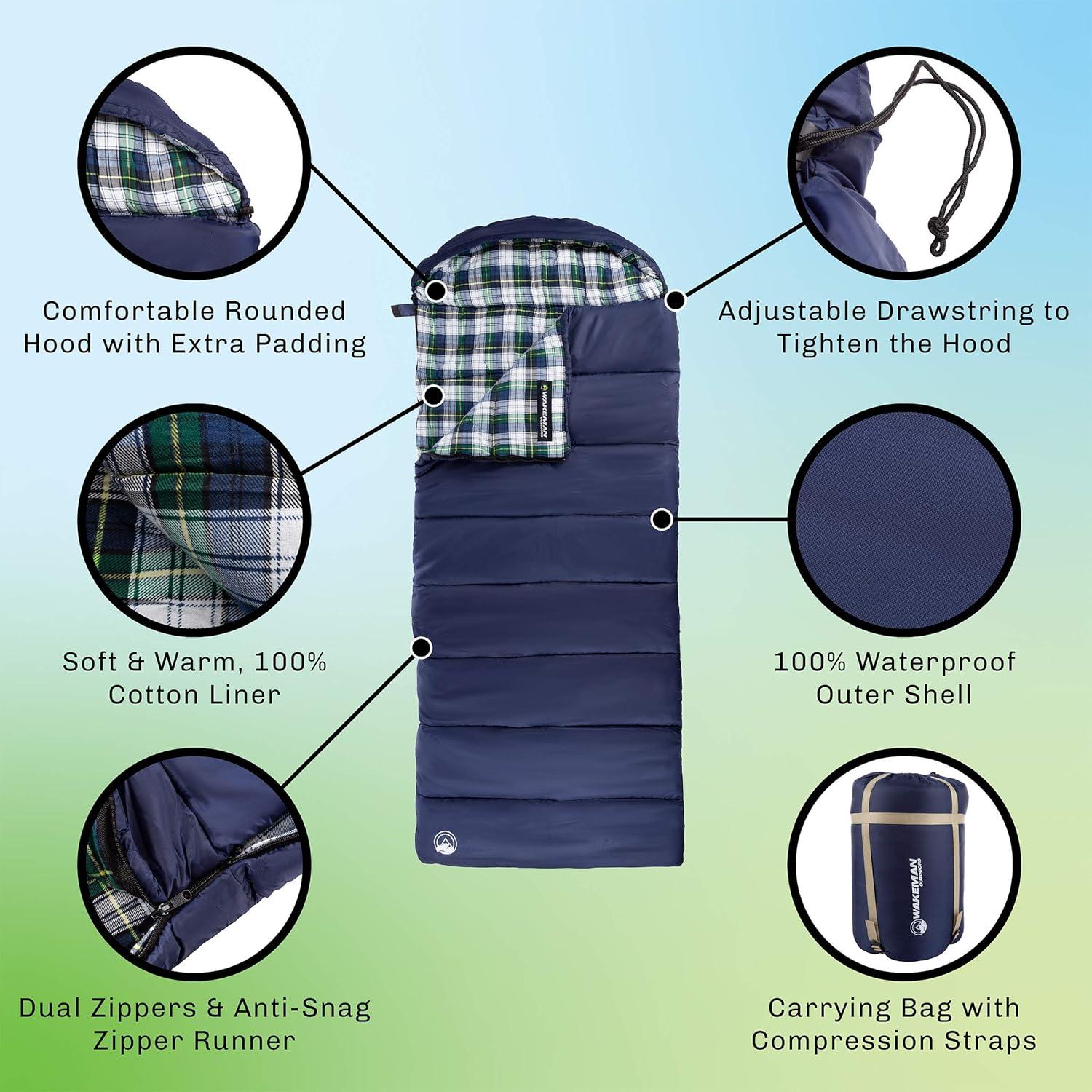 image:imageSleeping Bag Lightweight EnvelopeStyle 32F Rated Outdoor Sleeping Bag with Hood and Carry Case for Backpacking Camping and Hiking by Wakeman NavyNavy