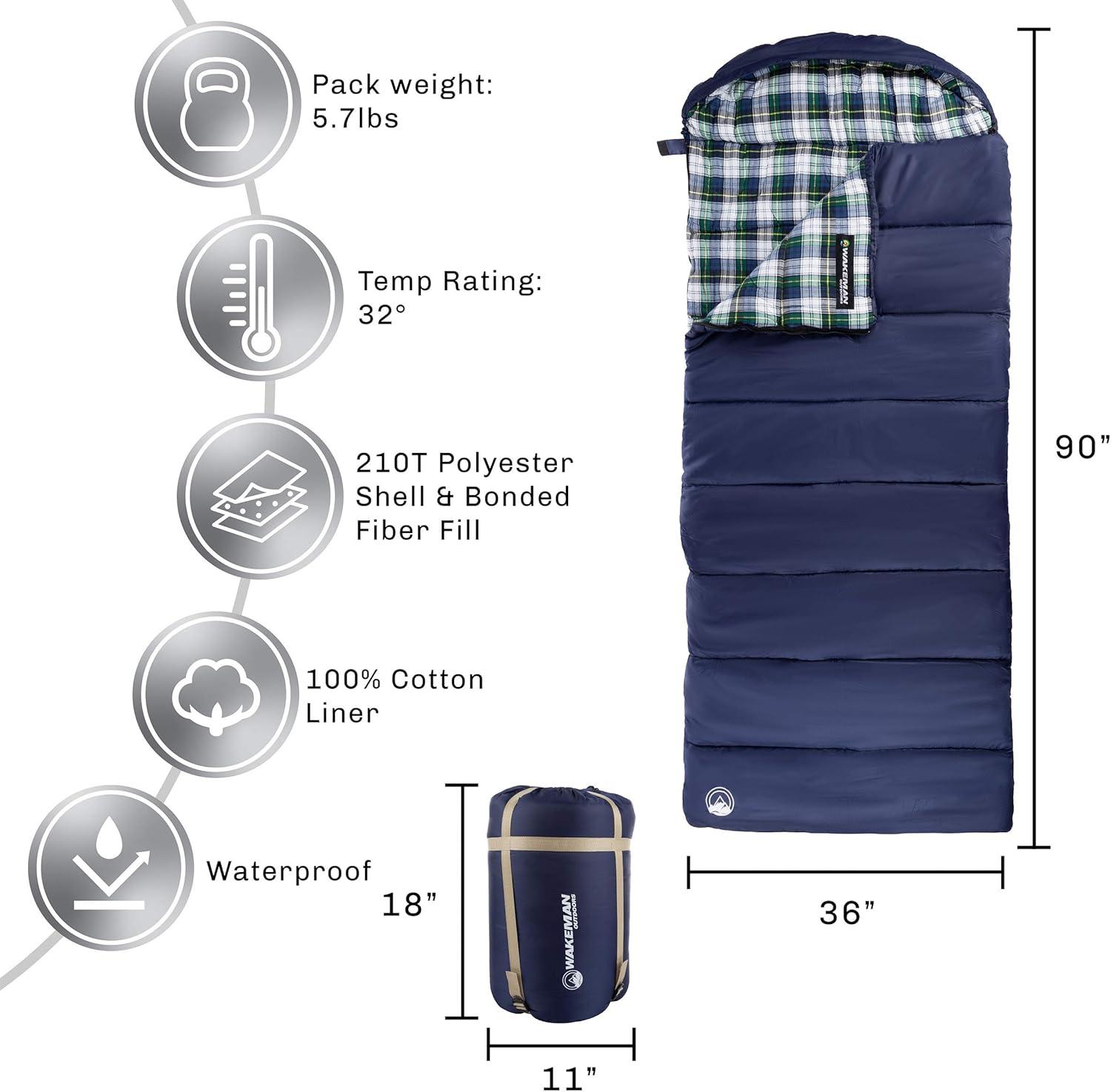 image:imageSleeping Bag Lightweight EnvelopeStyle 32F Rated Outdoor Sleeping Bag with Hood and Carry Case for Backpacking Camping and Hiking by Wakeman NavyNavy