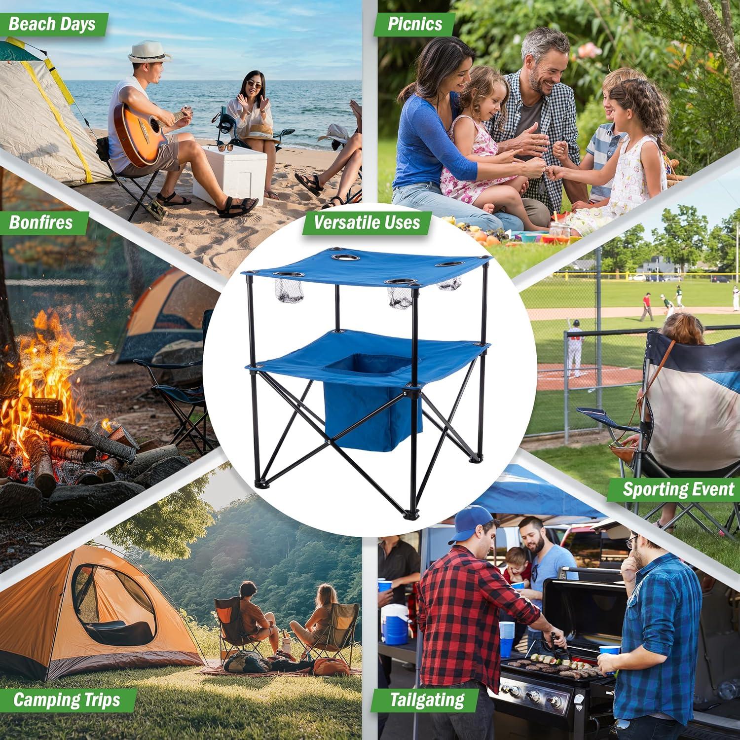 image:imageWakeman Camp Table Round 2Tier Folding Table with 4 Cupholders and Carrying Bag for Camping Beach Picnic Sporting Events and More OutdoorsBlueMulti Color