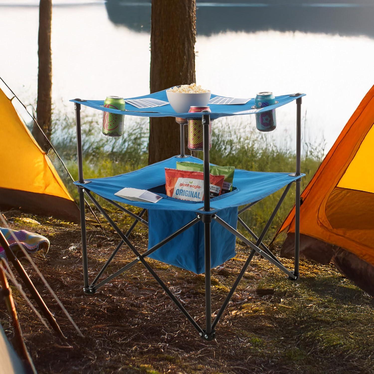 image:imageWakeman Camp Table Round 2Tier Folding Table with 4 Cupholders and Carrying Bag for Camping Beach Picnic Sporting Events and More OutdoorsBlueMulti Color