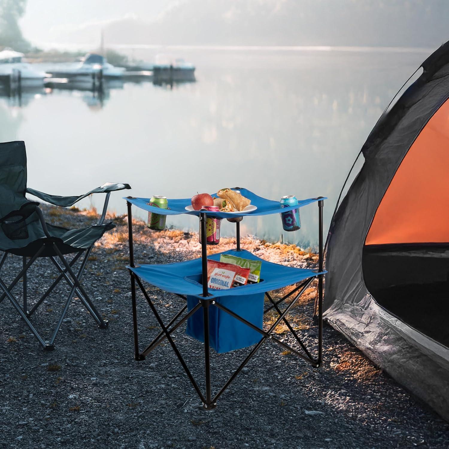 image:imageWakeman Camp Table Round 2Tier Folding Table with 4 Cupholders and Carrying Bag for Camping Beach Picnic Sporting Events and More OutdoorsBlueMulti Color