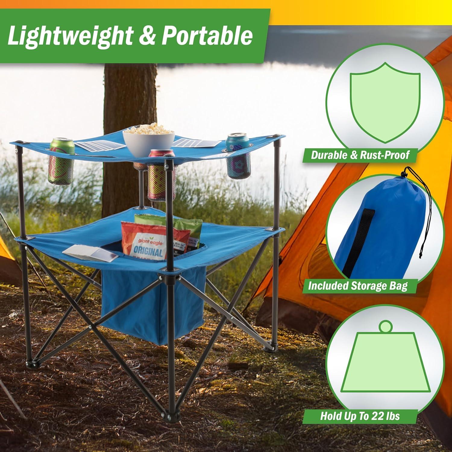 image:imageWakeman Camp Table Round 2Tier Folding Table with 4 Cupholders and Carrying Bag for Camping Beach Picnic Sporting Events and More OutdoorsBlueMulti Color