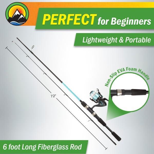 image:imageWakeman Fiberglass Fishing Rod and Reel Combo 2Piece 65Inch Medium Action Spinning Rod Set for Lake FishingTurquoise
