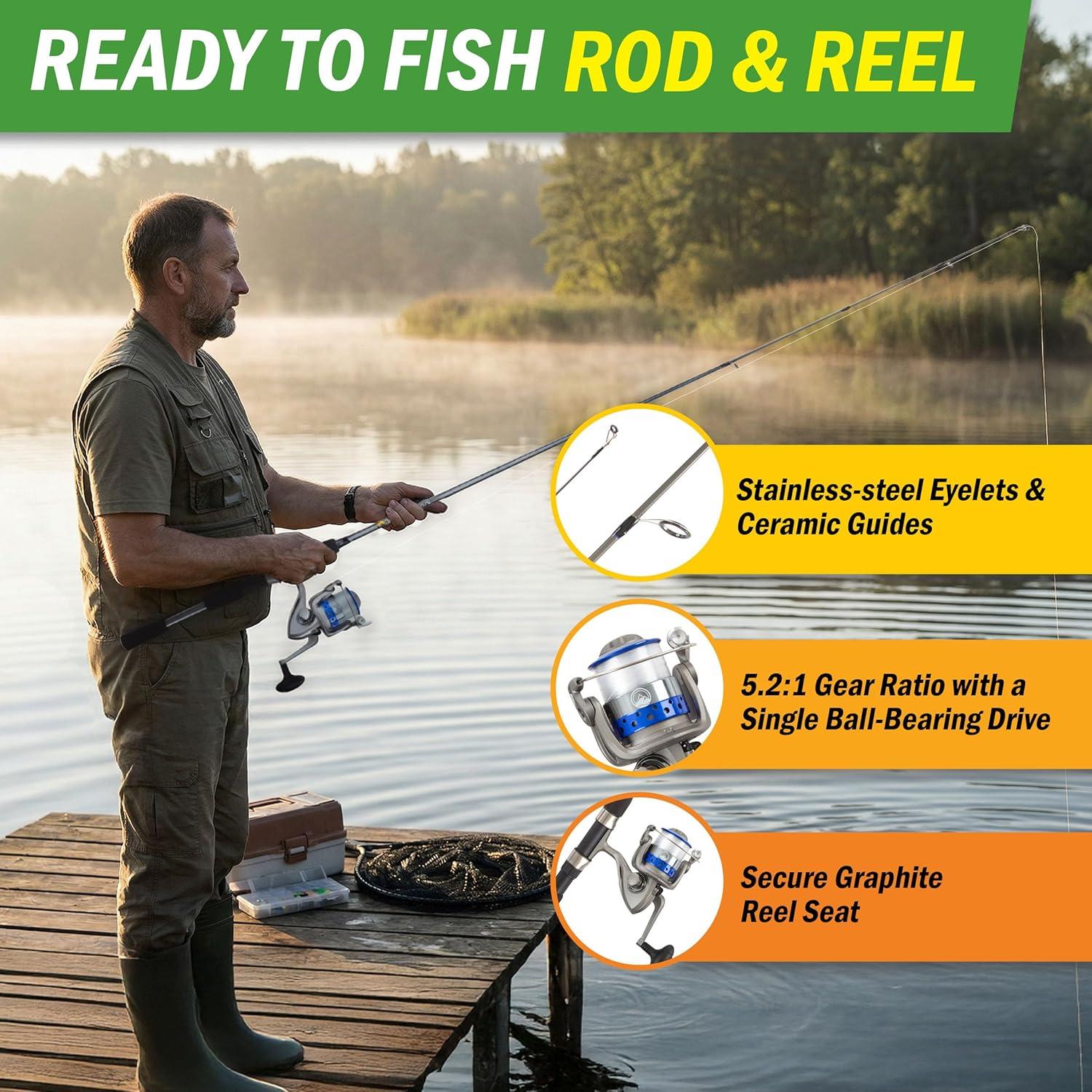 image:imageWakeman Fishing Rod amp Reel Combo 66 Fiberglass Pole Spinning Reel Bass Trout amp Lake FishSpooled with 10lb TestAction Series by Wakeman Outdoors