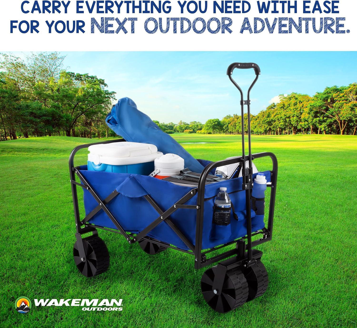 image:imageWakeman Outdoors Folding Wagon Collapsible AllTerrain Utility Pull Cart with Telescoping Handle for Camping Beach Sports or Grocery ShoppingJumbo Wheels
