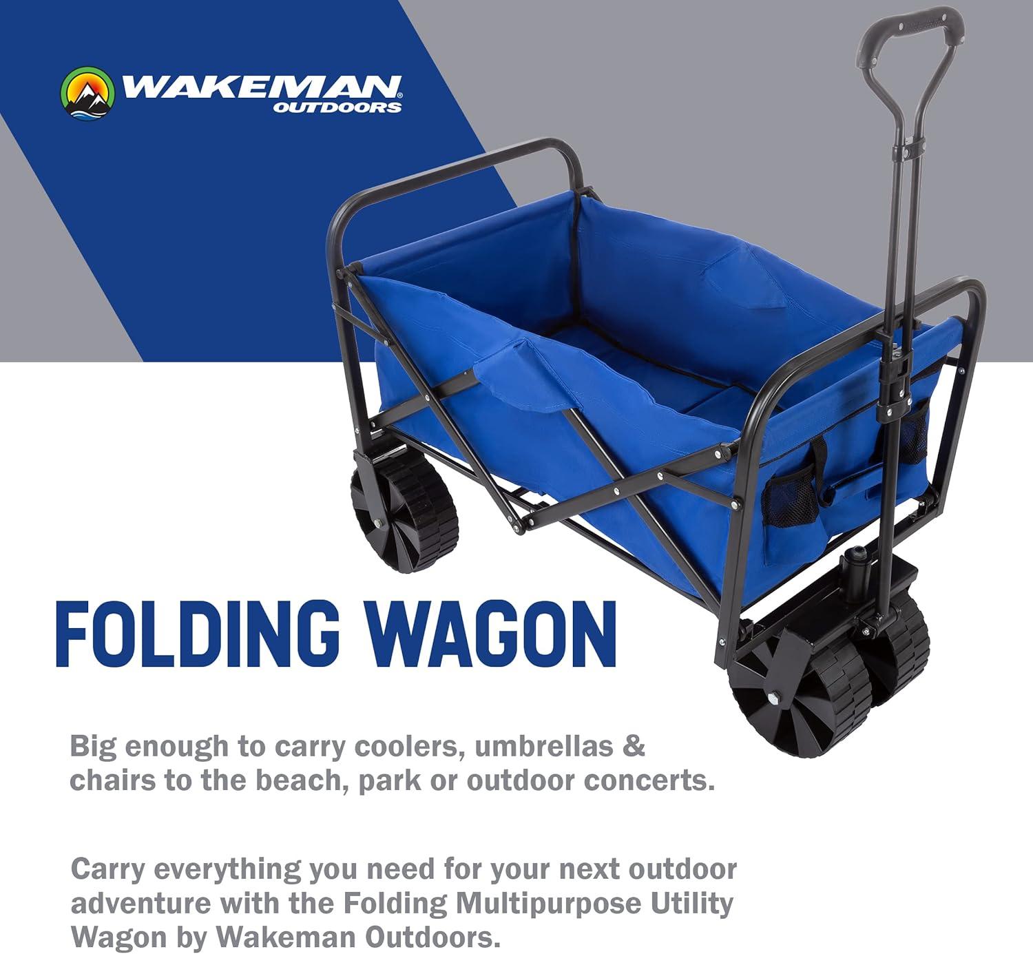 image:imageWakeman Outdoors Folding Wagon Collapsible AllTerrain Utility Pull Cart with Telescoping Handle for Camping Beach Sports or Grocery ShoppingJumbo Wheels