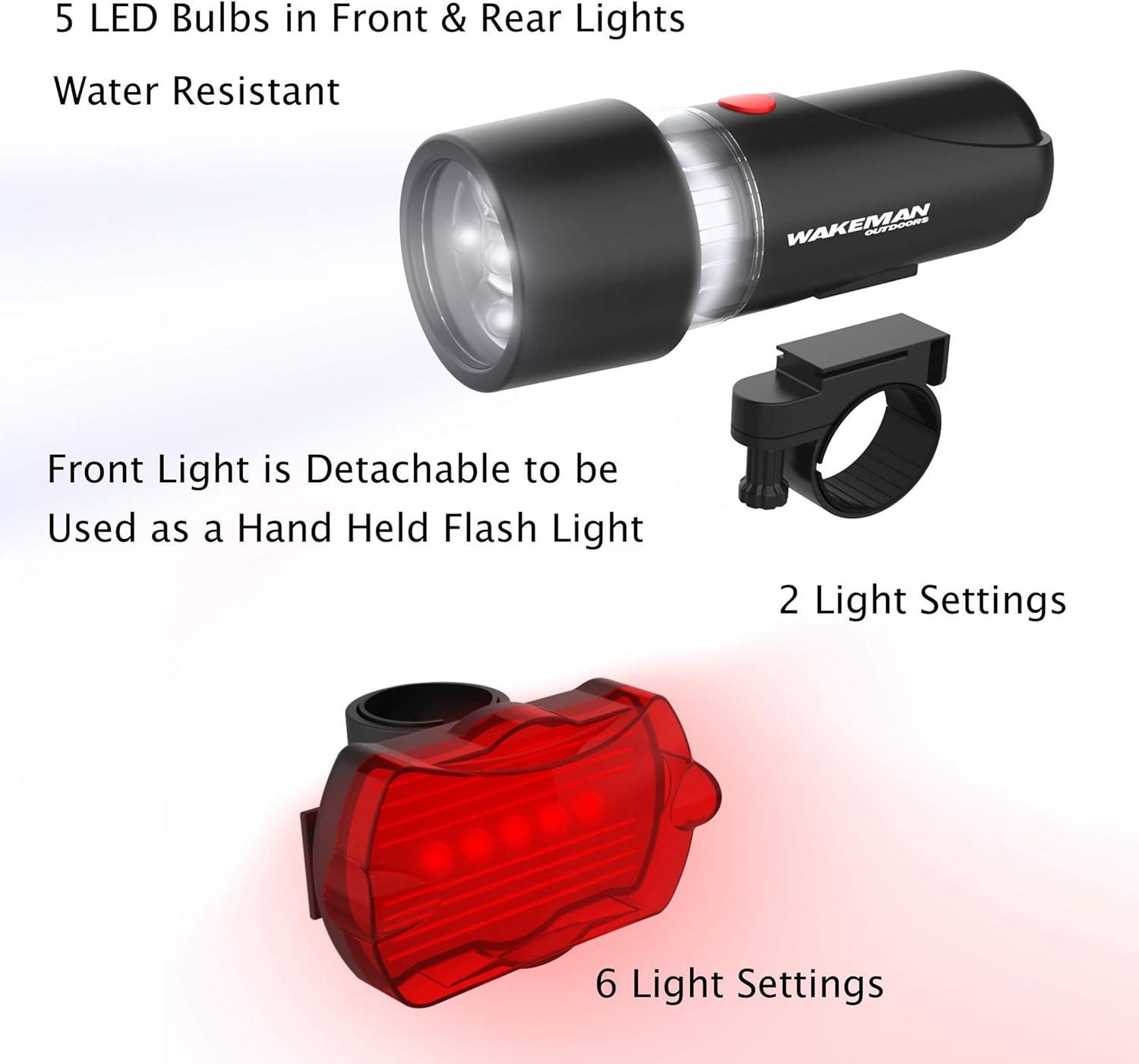 image:imageWakeman Outdoors LED Bicycle Lights Set Water Resistant Bike Front Headlight and Back Tail Light with 5 Flashing Red Light Modes for Biking Safety
