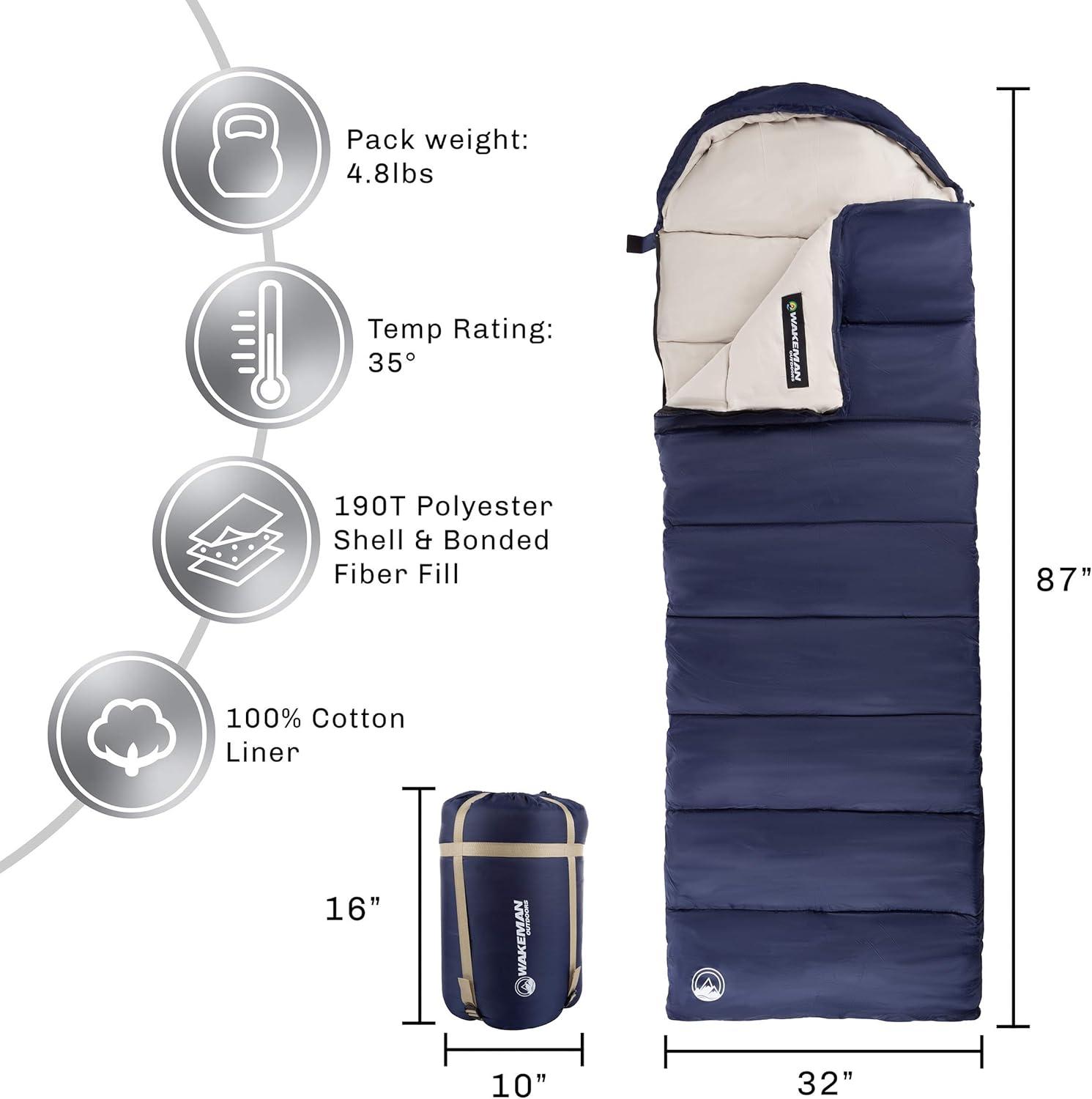 image:imageWakeman Outdoors Sleeping Bag 35F Rated 3 Season Envelope Style with Hood for Outdoor Camping Backpacking and Hiking with Carry Bag NavyNavy