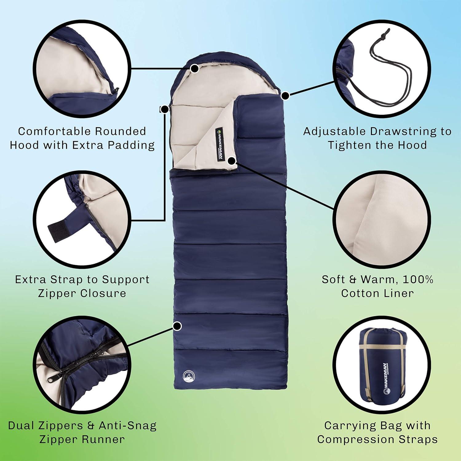 image:imageWakeman Outdoors Sleeping Bag 35F Rated 3 Season Envelope Style with Hood for Outdoor Camping Backpacking and Hiking with Carry Bag NavyNavy