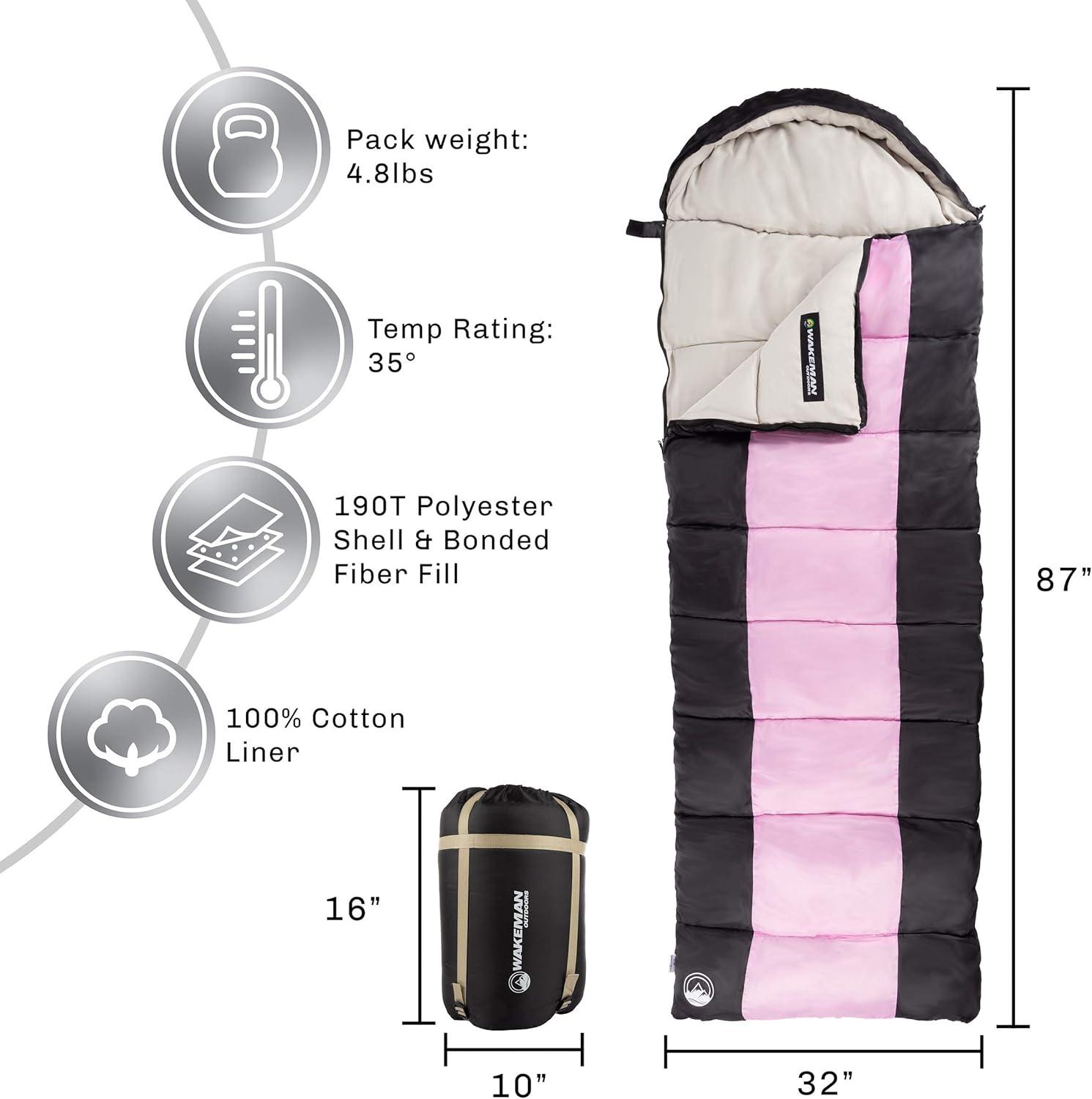 image:imageWakeman Outdoors Sleeping Bag 35F Rated 3 Season Envelope Style with Hood for Outdoor Camping Backpacking and Hiking with Carry Bag NavyPinkBlack