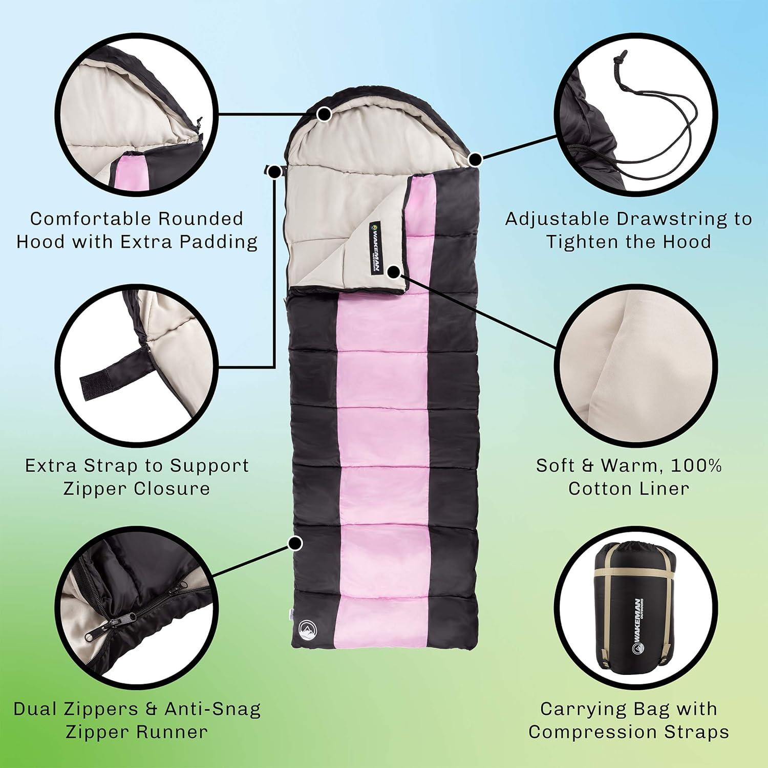 image:imageWakeman Outdoors Sleeping Bag 35F Rated 3 Season Envelope Style with Hood for Outdoor Camping Backpacking and Hiking with Carry Bag NavyPinkBlack