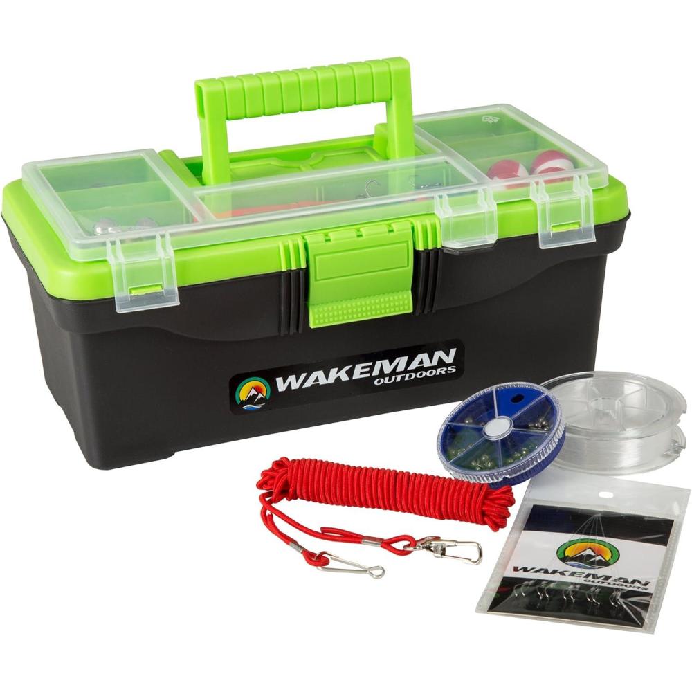 image:imageFishing Single Tray Tackle Box 55 Piece Tackle Gear Kit Includes Sinkers Hooks Lures Bobbers Swivels and Fishing Line By Wakeman Outdoors Lime Green