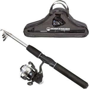 image:imageFiberglass Fishing Rod  Portable Telescopic Pole with Size 20 Spinning Reel  Fishing Gear for Ponds Lakes and Rivers by Wakeman Black