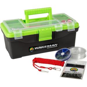 image:imageFishing Single Tray Tackle Box 55 Piece Tackle Gear Kit Includes Sinkers Hooks Lures Bobbers Swivels and Fishing Line By Wakeman Outdoors Lime Green